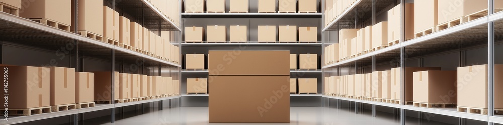 Poster a large warehouse with a box on the floor in the middle. the box is brown and is surrounded by many 