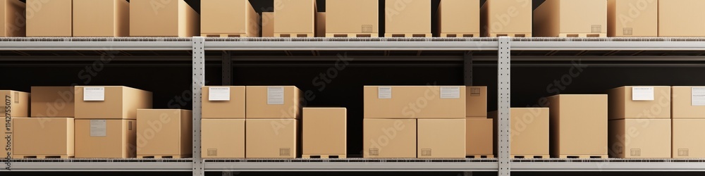 Poster a large stack of cardboard boxes on a shelf. the boxes are all different sizes and are piled on top 