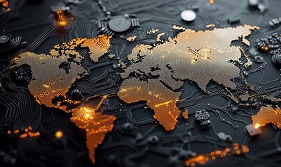 Digital world map with interconnected network illustrating global information technology concepts