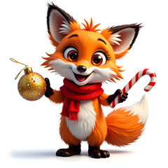 Festive cartoon fox celebrating with candy cane and ornament in a cozy winter scene, digital illustration of character design concept.