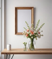 Nordic style wooden frame against a white wall with a glass vase of fresh flowers on a wooden table, minimalistic, tranquility