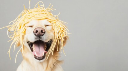 Happy dog full with spaghetti on its head, showcasing a playful and humorous expression.
