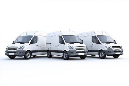 Three white vans are lined up next to each other. The vans are parked on a white background