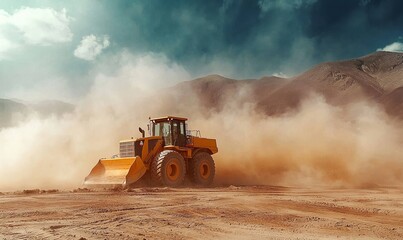 Heavy machinery operates in dusty terrain near mountains under a cloudy sky