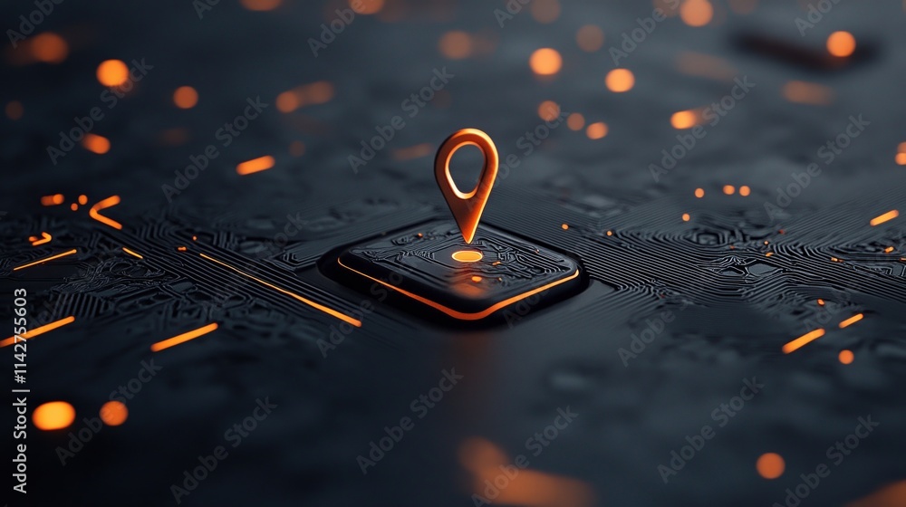 Poster glowing location markers illuminate a high-tech digital map with radiant effects in a futuristic set