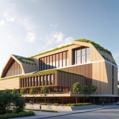 Modern building with green roof and solar panels wood concrete design wood design concrete architecture wall floor modern
