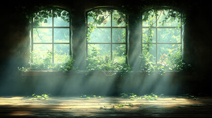 Obraz premium serene interior with sunlight streaming through three windows, surrounded by lush greenery and vines, creating tranquil atmosphere