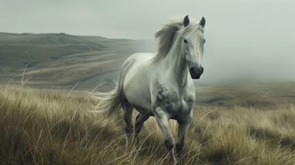 White horse grazing in a green meadow with rolling hills in the background, capturing a peaceful rural landscape in the early morning light"