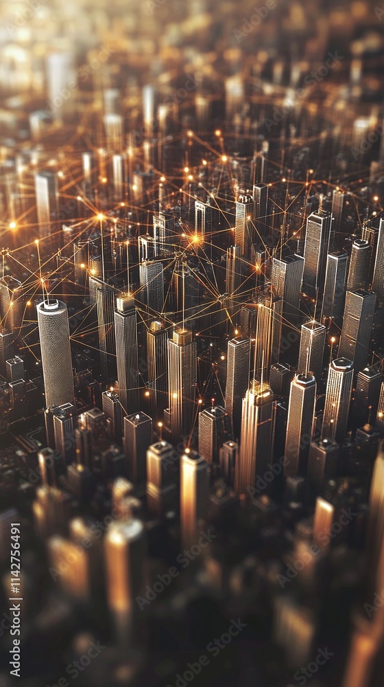 Poster a blockchain-inspired cityscape with interconnected nodes representing financial security.