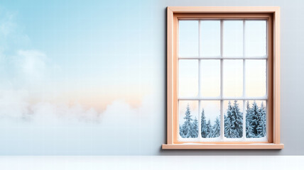 frosty windowpane reveals serene winter landscape with snow covered trees. soft pastel sky adds tranquil ambiance to scene, evoking sense of calm and beauty