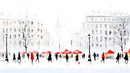 Obraz premium Painting of winter Christmas market in European city with many people walking