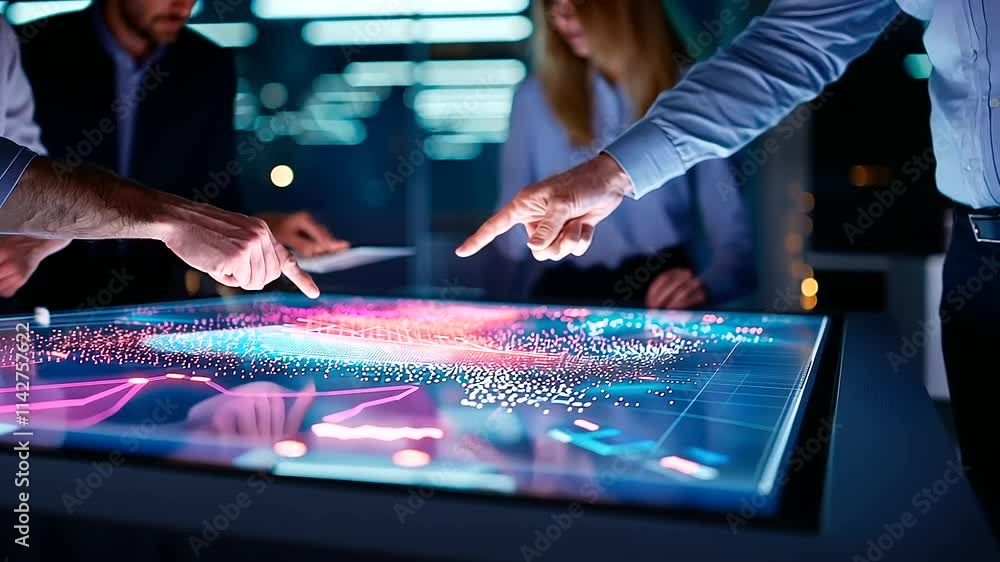 Poster futuristic team meeting with data analytics display