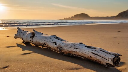 Sunrise Serenity: Driftwood on a Golden Shore
