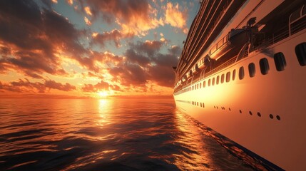A captivating 3D illustration of a cruise ship during the golden hour, capturing the beauty of light and shadows 