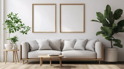Bright and airy living room featuring a cozy gray sofa and lush greenery.