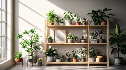 A serene indoor plant shelf featuring a variety of lush greenery basking in natural light.