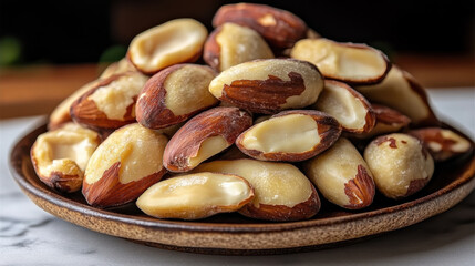 Fototapeta premium Shelled Brazil nuts piled on wooden plate, showcasing their rich texture and color. Perfect for healthy snacking or culinary use, these nuts add delightful crunch