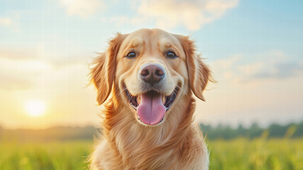 Joyful golden retriever smiling in sunny field, showcasing happiness and warmth. This friendly dog embodies playful spirit, perfect for outdoor adventures and companionship
