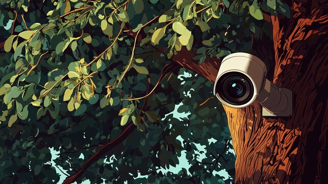 A security camera discreetly mounted on a tree, surrounded by vibrant green leaves, enhancing outdoor surveillance.
