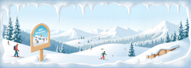 Winter Ski Resort Entrance Sign with Snowy Path and Icicles