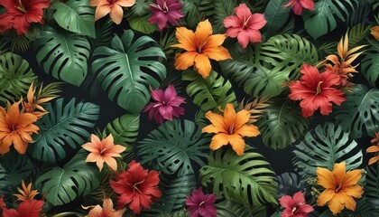 Pattern design with tropical leaves and colorful flowers, hand painted design, nature-themed, leafy greens