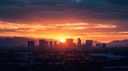 Fototapeta premium As the sun sets on the horizon, the Dallas skyline is bathed in warm orange and purple hues, contrasting beautifully with the darkening clouds. A peaceful field enhances the scene.