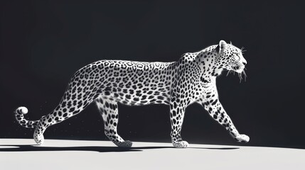 Fototapeta premium Leopard walking from shadow into light, digital wildlife art, white edition, majestic big cat in natural habitat