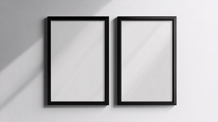 Two empty black frames on a minimalist wall showcasing shadows and light play.