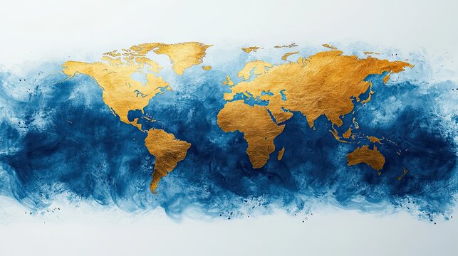 Fototapeta Golden world map over blue watercolor strokes representing oceans and seas