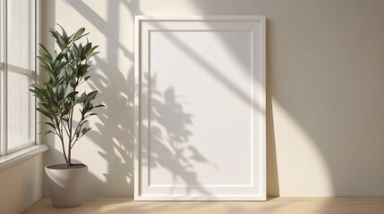 A blank white picture frame next to a thriving potted plant, illuminated by soft sunlight streaming through a window.