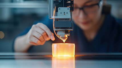 skilled technician operates high end resin 3D printer, creating translucent object with precision. warm glow of printer illuminates workspace, showcasing advanced technology