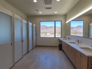 Clean and Modern Public Restroom Interior with Large Windows Overlooking Scenic Mountains and Ample Natural Light in a Contemporary Design