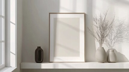 Minimalist decor featuring empty frames and ceramic vases in a bright space.