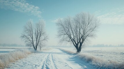 Obraz premium Frost-covered trees stand tall beside a snowy path leading to a frozen lake, illuminated by afternoon sunlight under a pristine blue sky.