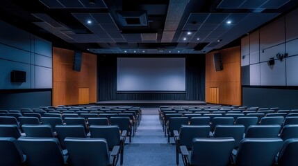 Naklejka premium Modern conference room with empty chairs and large screen in vibrant purple lighting before an event