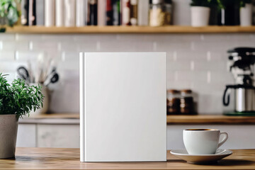 Blank hardcover book mockup on a wooden kitchen counter with coffee cup, plants, and blurred kitchen background. Perfect for showcasing cookbook designs, recipe branding, and culinary presentations
