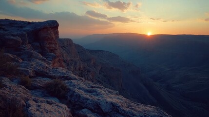 Naklejka premium Golden sunlight descends over mountainous terrain, casting shadows on rocky cliffs. The sky blends warm hues as day transitions into night, creating a breathtaking view.