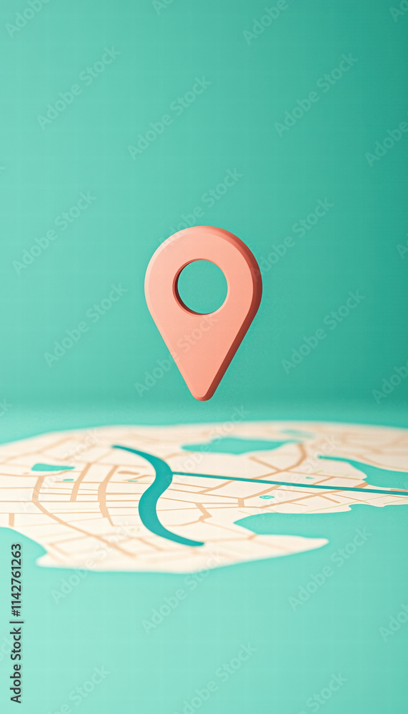 Poster map pin hovering over stylized map with muted teal background, creating modern and minimalistic look