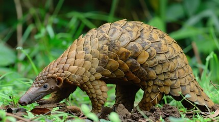 Fototapeta premium Ground Pangolin foraging for ants in the African savannah, showing distinctive armor and long claws, close-up view of this unique mammal native to sub-Saharan 