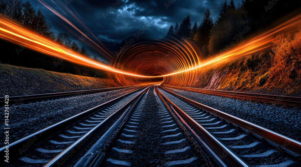 Poster a mesmerizing view of an illuminated tunnel alongside railway tracks, capturing the dynamism of moti