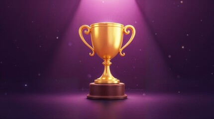 A golden Trophy stands under purple light, an emblem of success and triumph. purple background