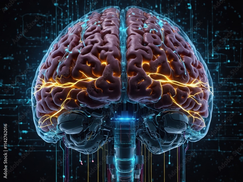 Poster high resolution view of a human brain showcasing neural connections and activity with digital visual