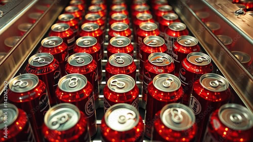 Poster this multiple red cans are being processed on a conveyor belt in a beverage factory setting.