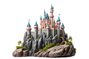 Enchanting Pink and Blue Fairy Tale Castle on a Rocky Island