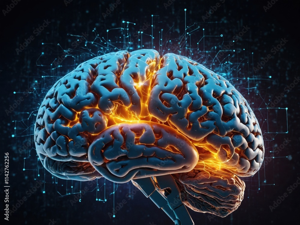Poster high-resolution visualization of a human brain showcasing neural connections and activity patterns i