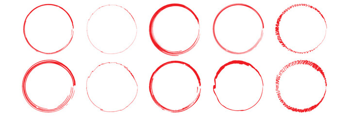 Red circle brush stroke vector isolated on white background. Red circle brush stroke. For stamp, seal, ink and paintbrush design template. Grunge hand drawn circles.