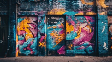 Colorful murals decorate brick walls in a busy urban area, reflecting artistic expression. The bright hues create a dynamic atmosphere, inviting passersby to appreciate the creativity.