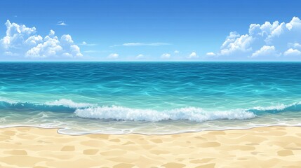 Fototapeta premium A serene beach scene with clear blue water and gentle wave, background under a bright sky.