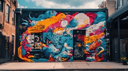 Obraz premium Colorful murals decorate brick walls in a busy urban area, reflecting artistic expression. The bright hues create a dynamic atmosphere, inviting passersby to appreciate the creativity.