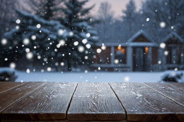 empty wooden table with a blurred winter season cozy hosue background